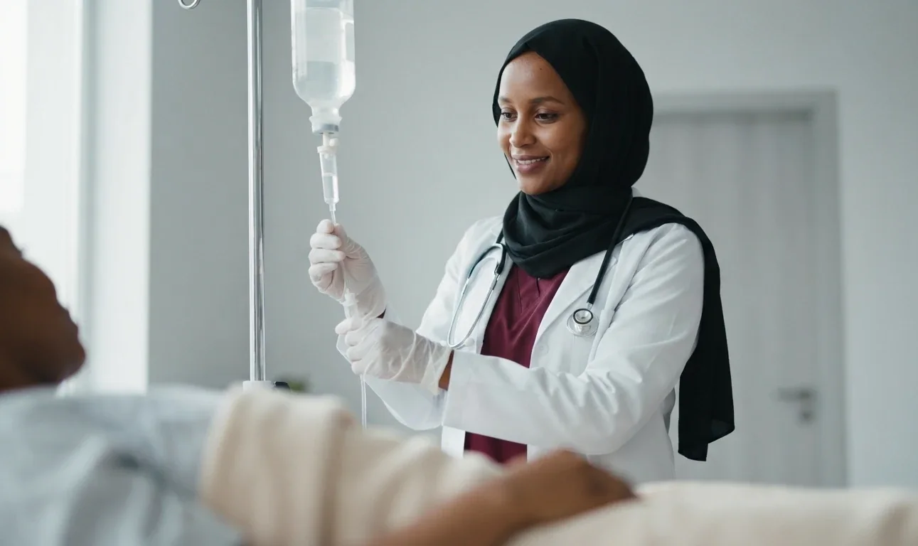 A smiling clinician in a hijab checking a patient's drip