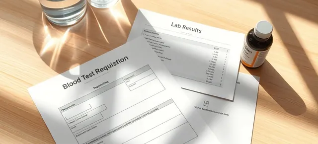 Lab results and a blood test request form on a table